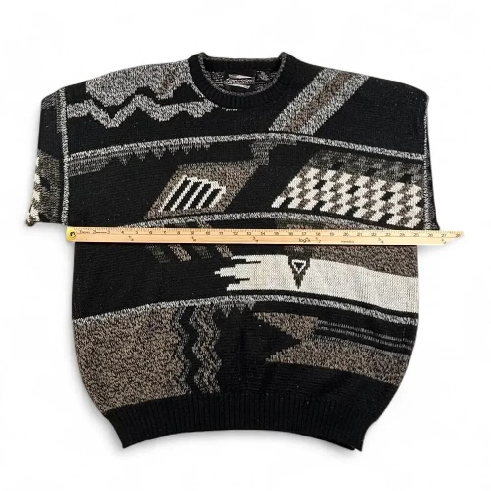 90s Vintage Knit Sweater Mens XL Black Grey Coogi Geometric Grunge Streetwear